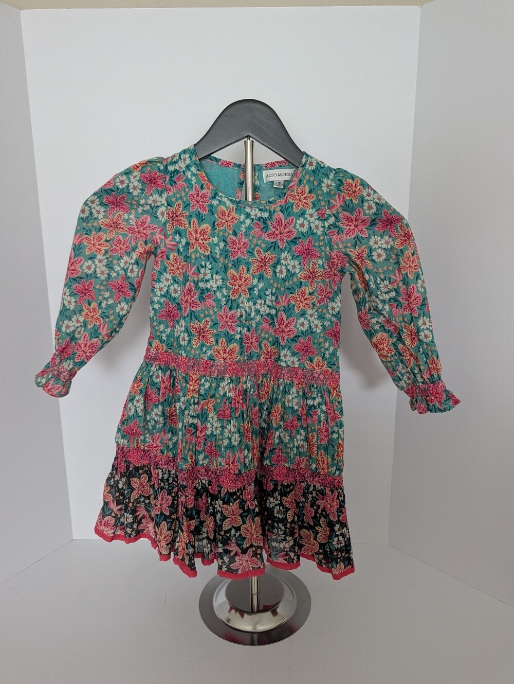 Alto Modas Autumn Meadow Girls' Floral Tiered Dress - Teal & Pink Size 4